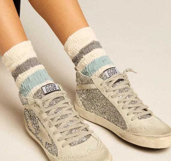 Mid Star in silver glitter with star and comma in ice-grey suede