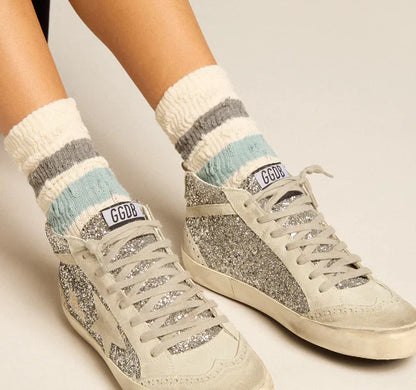 Mid Star in silver glitter with star and comma in ice-grey suede