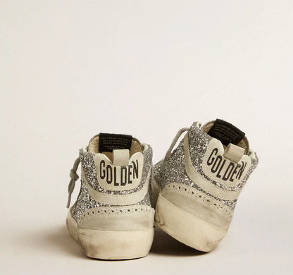 Mid Star in silver glitter with star and comma in ice-grey suede