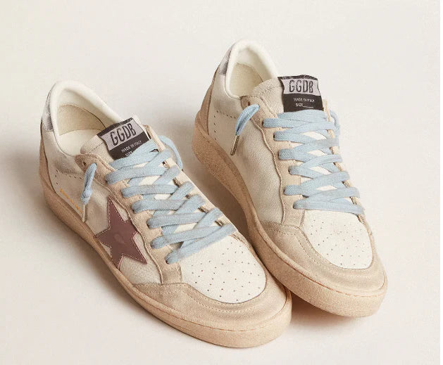 White nappa leather and pearl-colored suede with mauve leather star