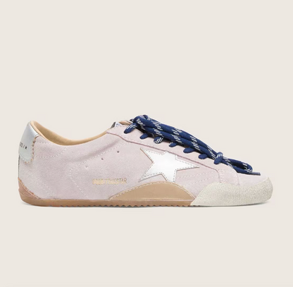 True in suede in pastel pink with star and heel in silver tone