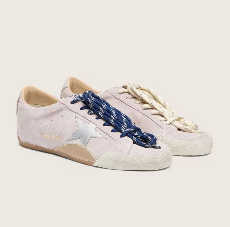 True in suede in pastel pink with star and heel in silver tone