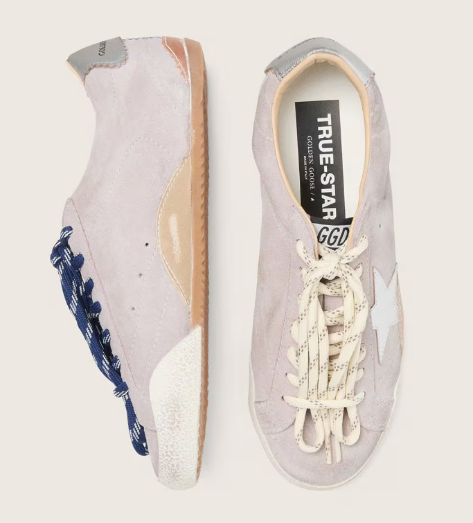 True in suede in pastel pink with star and heel in silver tone