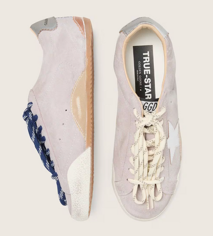 True in suede in pastel pink with star and heel in silver tone
