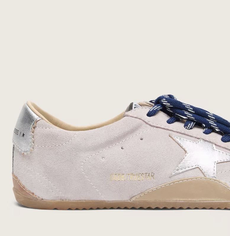 True in suede in pastel pink with star and heel in silver tone