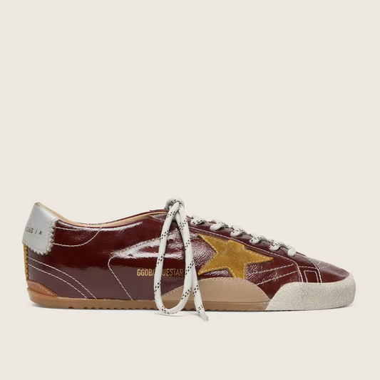 True in nappa leather in Bordeaux with suede stars and heel in silver nappa leather