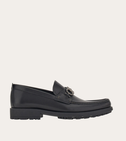 Calfskin loafer with Gancini detail in black with silver-tone buckle
