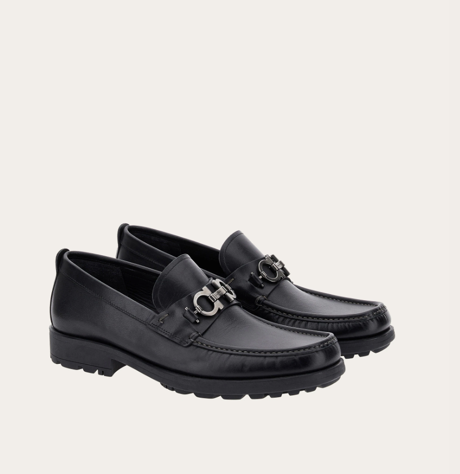 Calfskin loafer with Gancini detail in black with silver-tone buckle