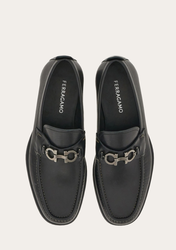 Calfskin loafer with Gancini detail in black with silver-tone buckle