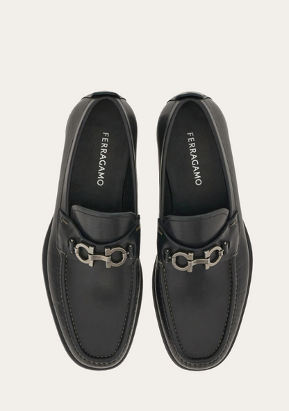 Calfskin loafer with Gancini detail in black with silver-tone buckle
