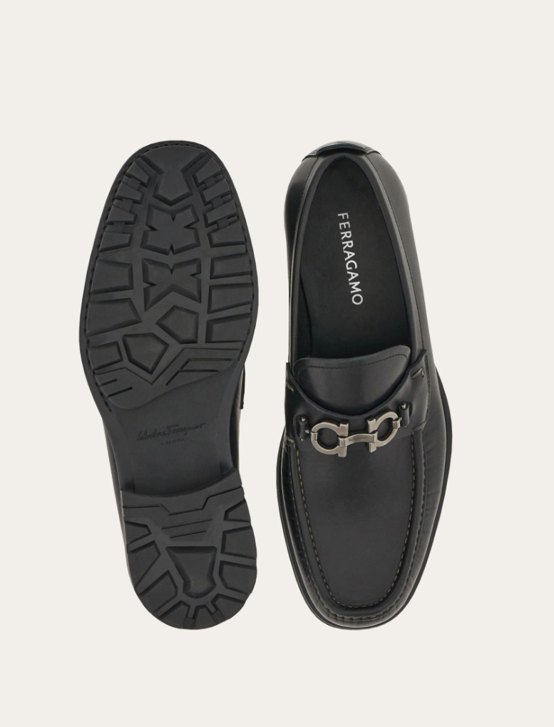 Calfskin loafer with Gancini detail in black with silver-tone buckle