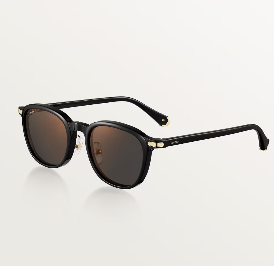 Runde Première de CT Sonnenbrille aus schwarzem Acetat mit glatter Goldoberfläche und grauen Gläsern mit goldenem Spiegeleffekt