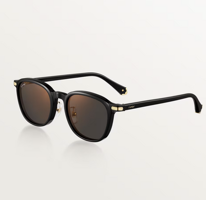 Runde Première de CT Sonnenbrille aus schwarzem Acetat mit glatter Goldoberfläche und grauen Gläsern mit goldenem Spiegeleffekt